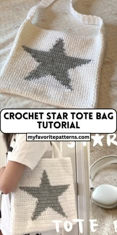 the crochet star tote bag pattern is shown