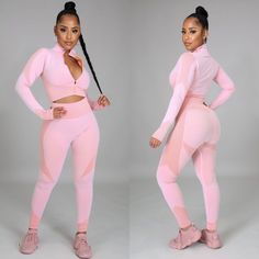 Two-Piece Set Long-Sleeve Top Mock Neck Zipper Closure Thumbhole High Waist Leggings 71% Polyester 21% Nylon 8% Spandex Hand Wash Cold Model Is Wearing A Small High Stretch Long Sleeve Sportswear Set, High Stretch Long Sleeve Athleisure Sets, Pink Fitted Long Sleeve Activewear, Fitted Pink Long Sleeve Activewear, Pink Stretch Gym Set, Pink Stretch Gym Sets, Stretch Long Sleeve Yoga Sets, Long Sleeve Stretch Yoga Sets, High Stretch Long Sleeve Gym Sets