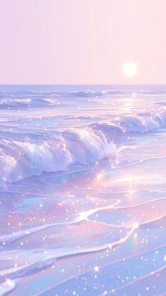 the sun shines brightly in the sky over an ocean with foamy waves and sparkling stars