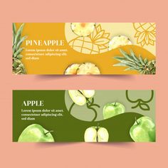 two banners with apples and pineapples on them