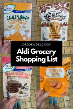 four bags of cookies with the words aldi grocery shopping list