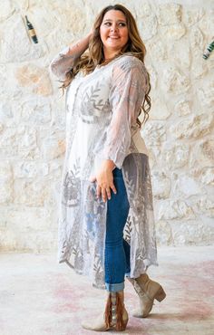 Flowy long lacy duster, purplish-gray hue 3/4 length sleeves perfect to dress up or down the extra touch your casual outfit needs! Outfit Needs, Casual Outfit, All Seasons, Length Sleeve, Casual Outfits, Dress Up, Lace, Grey