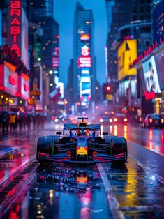 a red bull racing car driving down the street in the rain with neon signs and buildings behind it