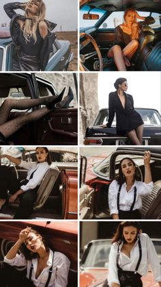 several photos of women sitting in the back of a car and posing for different pictures