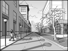 a black and white drawing of a person walking down the street in front of buildings