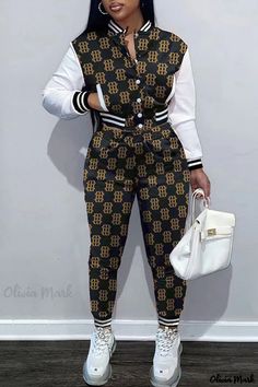 Olivia Mark - Chic and Versatile Two-Piece Casual Print Set in Black and Brown with Long Sleeves Casual Black Printed Jumpsuit, Casual Black Printed Jumpsuit/romper, Trendy Black Printed Jumpsuits And Rompers, Fitted Black Printed Sets, Sweatshirt Sweatpants Outfits, Sweatpants Outfits, Printed Pants Style, Mid Waist Pants, Two Piece Pants Set