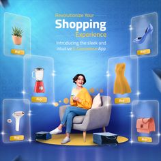 a woman sitting on a chair in front of a blue background with shopping experience icons