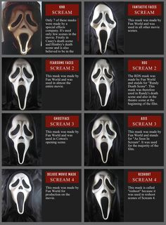 Ghostface Scream masks. Scary Movies Characters, Alexia Core, Scream Videos, Horror Villians, Helloween Wallpaper, Scream Mask