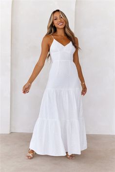 Length from bust to hem of size S: 125cm. 
 Chest: 35cm, Waist: 30cm, across front only of size S. 
 Maxi dress. 
 Lined. 
 Model is a standard XS and is wearing size XS. 
 True to size. 
 Non-stretch. 
 Embroidered fabrication. 
 Elastic back. 
 Tie-up back. 
 Slip on. 
 Cold hand wash only. 
 Main: Cotton Lining: Polyester/Spandex. 
 
 
 
 
 
 
 
 
 Please Note: This product is a Exclusive.  
 
 
 
 
 
 
 
 
 
 Enter your dreamiest era yet with the It's Warming Up Maxi Dress. Featuring a gorge Long White Flowy Dress, White Flowy Dress, Engagement Party Dresses, Engagement Pictures Poses, Maxi Dress White, White Boho Dress, Pictures Poses, Beachy Waves, Engagement Pics