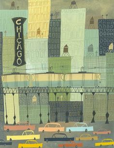 a painting of cars driving on the road in front of tall buildings and a chicago sign