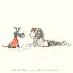 a drawing of two people laying on the ground next to each other and one dog