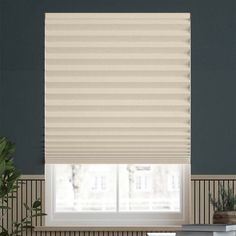 a living room with a window covered in blinds and potted plants next to it