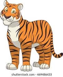 a cartoon tiger standing on one leg and looking to the side with an open mouth