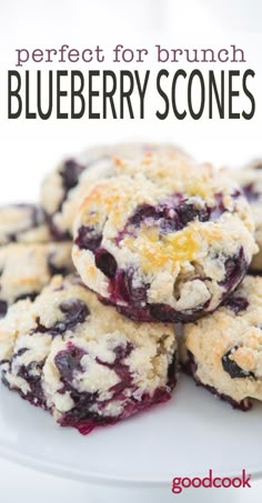 blueberry scones on a white plate with the words perfect for brunch