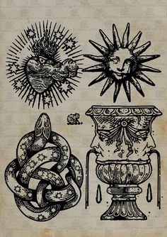 an old book with some drawings on it and two vases in the middle, one is