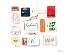 an assortment of matchboxes and matchesticks on a white background