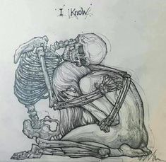 a drawing of a skeleton sitting on top of a chair with the caption i know