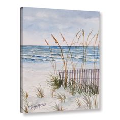 a painting of the beach with sea oats on it's fence and water in the background