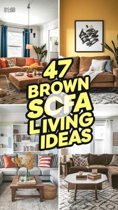 the living room is decorated in brown and orange colors with text that reads 47 brown sofa living