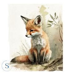 a painting of a fox sitting on the ground