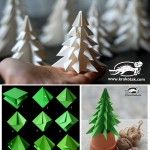 paper christmas trees made with origami are shown in three different photos, one is green and the other is white