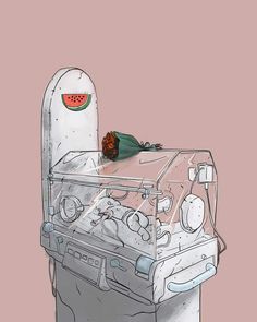 a drawing of a washing machine with watermelon on the top, and an umbrella over it