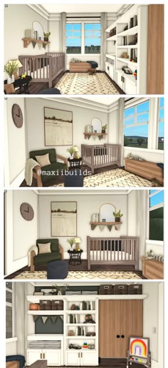 three different views of a living room with furniture and decor on the walls, including a crib