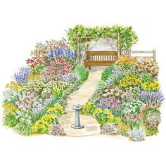 a drawing of a garden with flowers and a bench