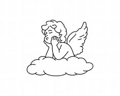 an angel sitting on top of a cloud with its hands to her face and eyes closed