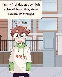 a cartoon character standing in front of a building with a sign saying it's my first day at gay high school i hope they don't realize in straight