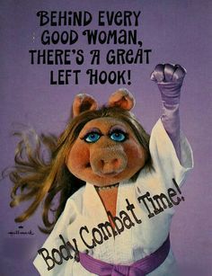 an ad for body combat time featuring a woman dressed as a baseball player and the words, behind every good woman, there's a great left hook