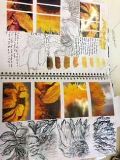 a bunch of sunflowers that are on a piece of paper with some ink