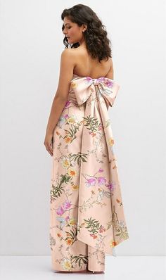 Formal Column Dress, Oversized Bow Dress, Floor-length Dresses For Garden Party And Prom Season, Floor-length Dresses For Garden Party Prom Season, Feminine Maxi Dress For Prom, Chic Strapless Maxi Dress For Bridesmaid, Chic Satin Maxi Dress For Garden Party, Feminine Floor-length Midi Dress For Prom, Summer Floral Gown With Sweetheart Neckline