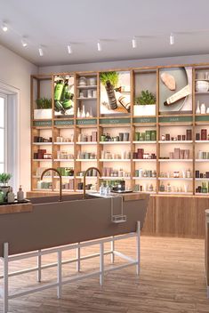 the interior of a store with wooden shelves filled with plants and other items on display