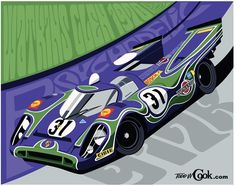 a painting of a racing car with numbers on the front and side, painted in purple