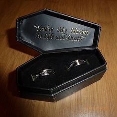 Coffin Ring Box Wedding, Rings In Box Aesthetic, Gothic Wedding Rings For Him, Gothic Ring Box, Coffin Ring Box, Coffin Wedding Rings, Gothic Rings Wedding, Emo Wedding Rings, Rings In A Box