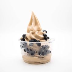 an ice cream sundae with blueberries and whipped cream in a plastic container on a white background