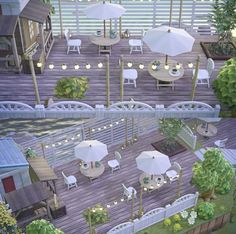 an artist's rendering of a deck with tables and umbrellas