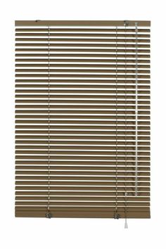 a brown window blind with metal bars on the top and bottom, in front of a white background