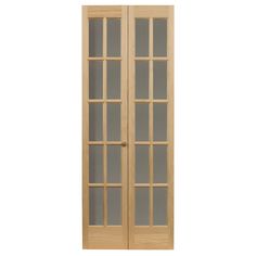 a pair of wooden doors with glass panels