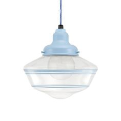 a blue light hanging from a ceiling fixture