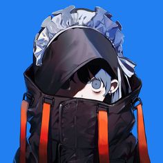 an anime character wearing a black jacket and orange suspenders with his head covered in tin foil