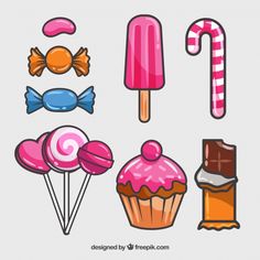 various candy and candies are shown in this cartoon character's hand drawn style