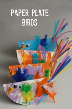 paper plate birds with colorful feathers on them and text overlay that says paper plate birds