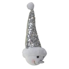 a white stuffed animal wearing a silver sequin hat