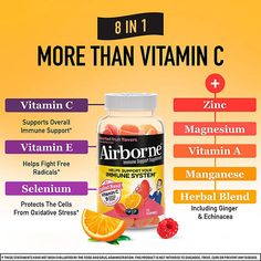 Airborne Assorted Fruit Flavored Immune Support Gummies are naturally flavored and come in mixed berry and citrus flavors. Each serving (3 gummies) contains 750 mg of Vitamin C and a crafted blend of nine vitamins, minerals, and herbs. These gummies contains the powerful antioxidants Vitamin C (to support immune health) and Vitamin E (to help fight free radicals). Supplements Aesthetic, Cortisol Supplements, Daily Supplements For Women, Supplements For Hair Growth, Supplements For Skin, Vitamin C Gummies, Good Vitamins For Women, Take Supplements, Lower Cortisol