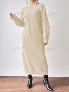 Style:Casual \nNeckline:High Neck \nWaist Line:Natural \nSleeve Type:Raglan Sleeve \nDetails:Split \nHem Shaped:Straight \nColor:Beige \nPattern Type:Plain \nSleeve Length:Long Sleeve \nLength:Long \nFit Type:Loose \nFabric:Medium Stretch \nMaterial:Fabric \nComposition:100% Polyester \nCare Instructions:Hand wash or professional dry clean \nTemperature:Winter (<10℃/50℉) \nSheer:No \n Raglan Sleeve Sweater, Sweater Dresses, Sweater Dress Women, Women Sweater, Sleeve Sweater, Raglan Sleeve, Style Casual, Sweater Dress, High Neck