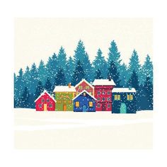 colorful houses in the snow surrounded by pine trees and evergreens on a snowy day