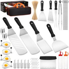 an assortment of kitchen utensils and cooking tools