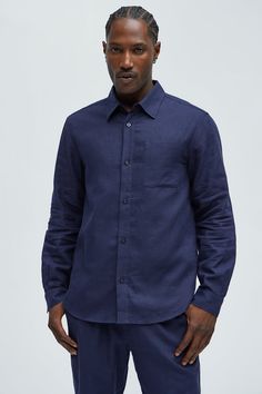 Available In Navy. Fold Down Collar Front Button Closure Chest Pocket Long Sleeve Pair With Bahamas Linen Pants Shell: 55% Linen 45% Cotton Imported | Mens Bahamas Linen Long Sleeve Shirt in Navy Blue size Medium by Fashion Nova Navy Fashion, Mens Button Up, Linen Pants, Bahamas, Chest Pocket, Long Sleeve Shirt, Fashion Nova, Button Up Shirts, Top Shirt